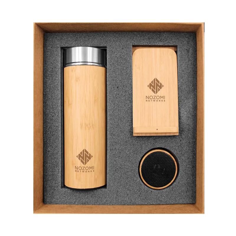 WGS-22 - Natural Cardboard Gift Box With  Bamboo Flask, Wireless Charger Stand & Bluetooth Speaker